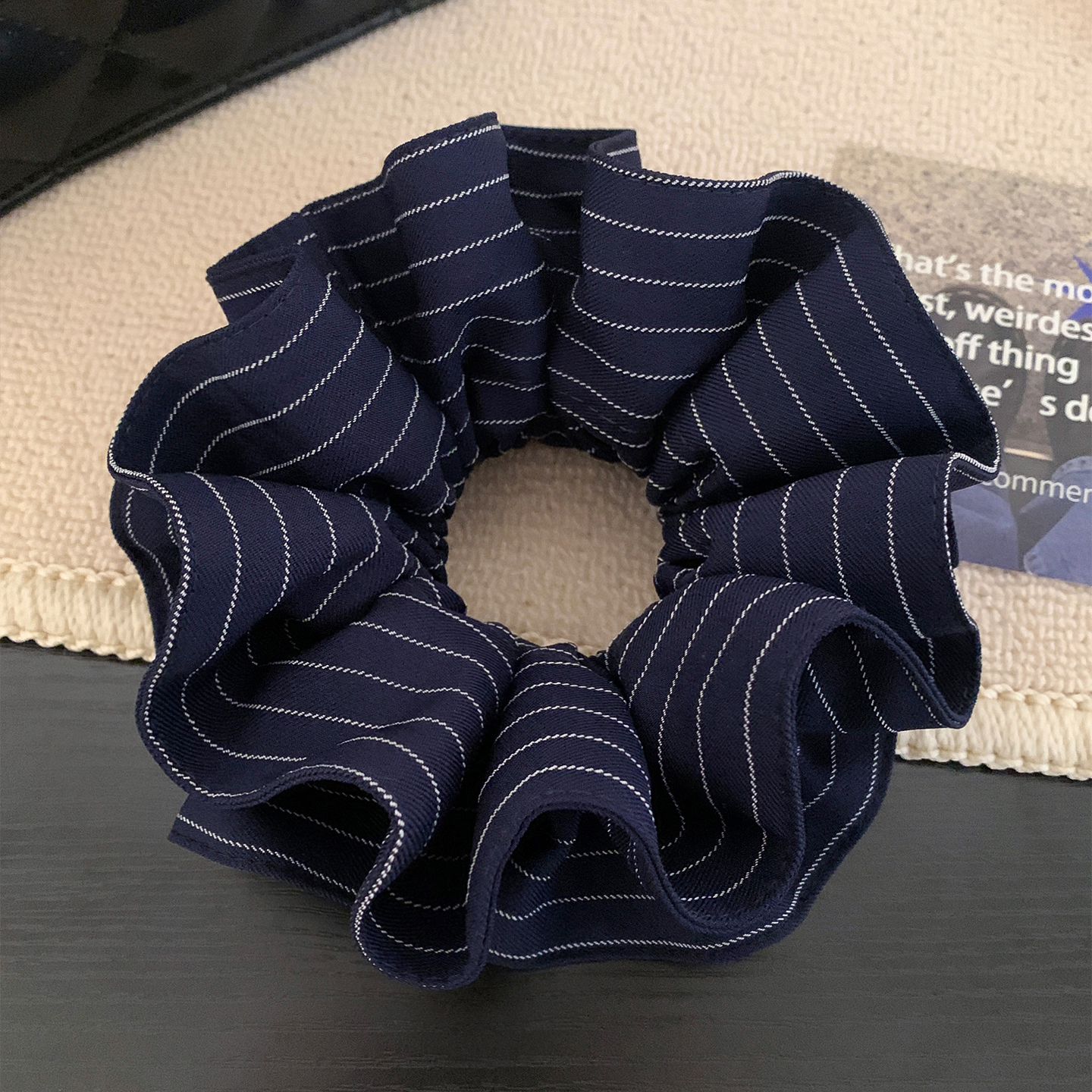 韩国藏青色条纹双层大肠发圈