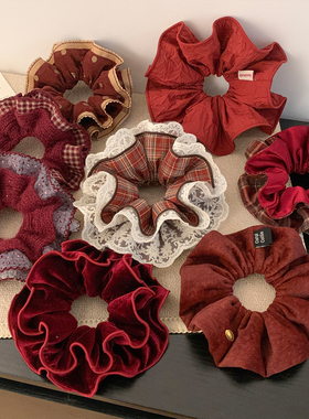 新年圣诞红色系格子蕾丝大肠发圈女气质超大号丸子头秋冬头绳头饰