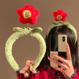 可爱红色花朵毛绒发箍女秋冬洗脸压发头箍日常外戴发卡毛茸茸头饰