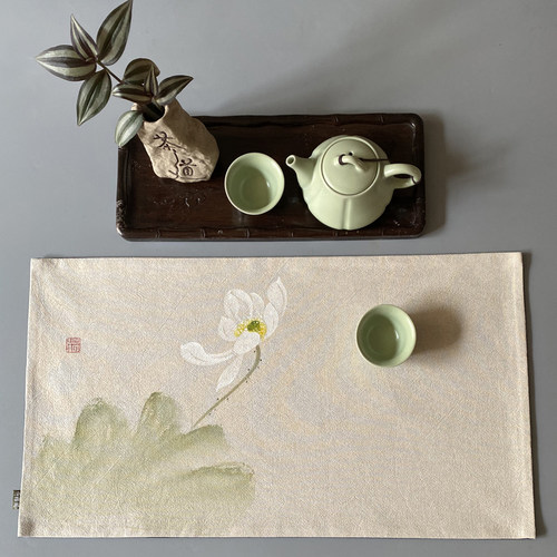 棉麻手绘中式禅意茶席亚麻桌旗茶垫香席茶艺配件茶布香道席干泡席