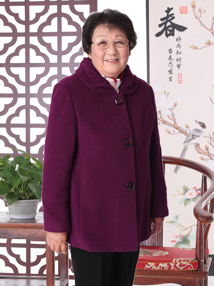 老年人秋冬外套女奶奶纯羊毛老太太呢子衣服妈妈高贵洋气加厚大衣
