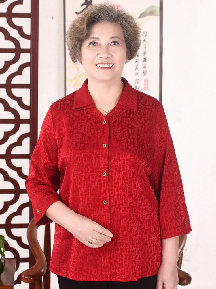 神采夫人真丝七分袖衬衫中老年女