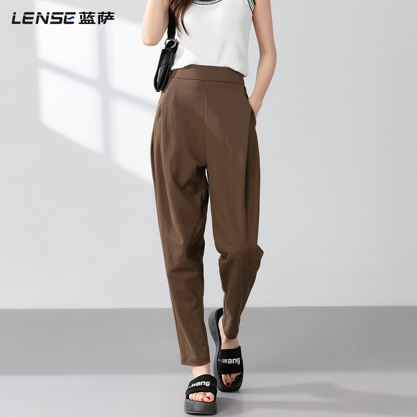 蓝萨2026夏季薄款宽松休闲裤女士咖色裤子棉麻显瘦高腰哈伦长裤