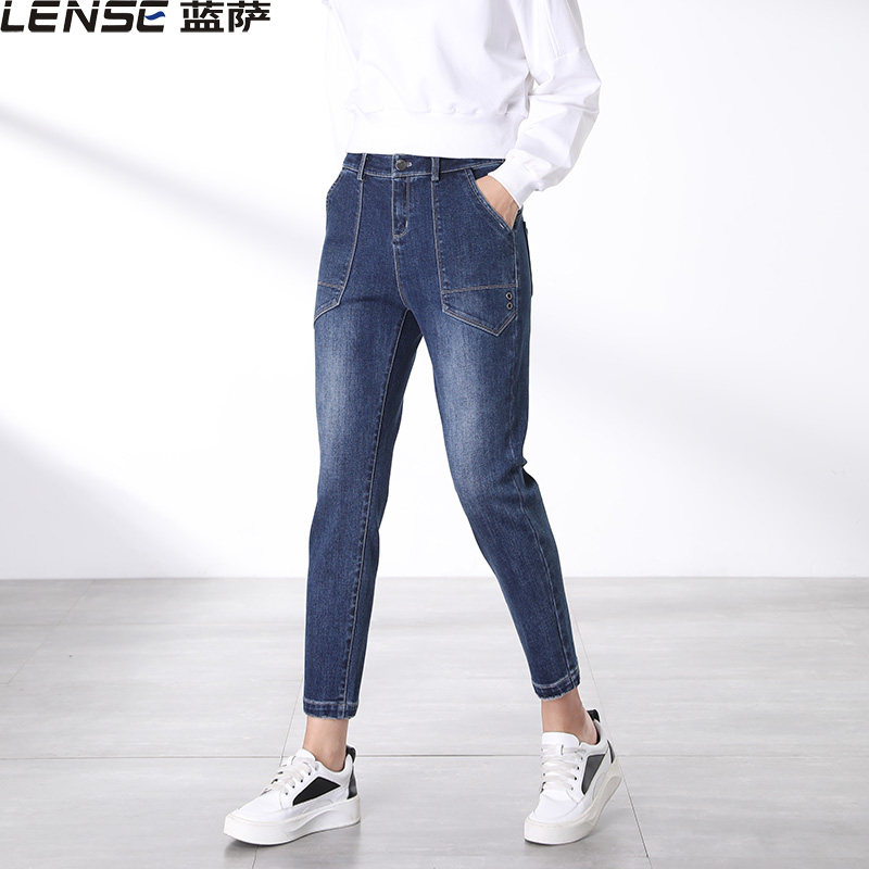 蓝萨贴兜九分牛仔裤女修身显瘦小脚裤秋季高腰显高浅蓝色裤子,女装/女士精品,牛仔裤,淘宝优惠券,粉丝福利购,淘宝优惠卷