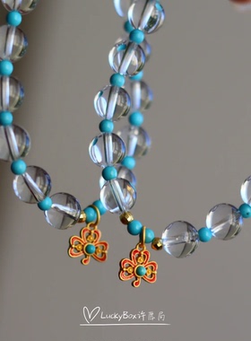 「幸运守护」天然白水晶美松蓝松石925银镀金四叶草弹力手串手饰