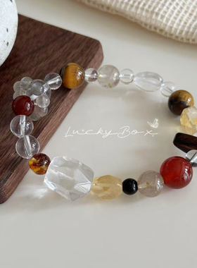 「金玉满堂」天然白水晶月光石手串虎眼石弹力手链金发晶ins夏日