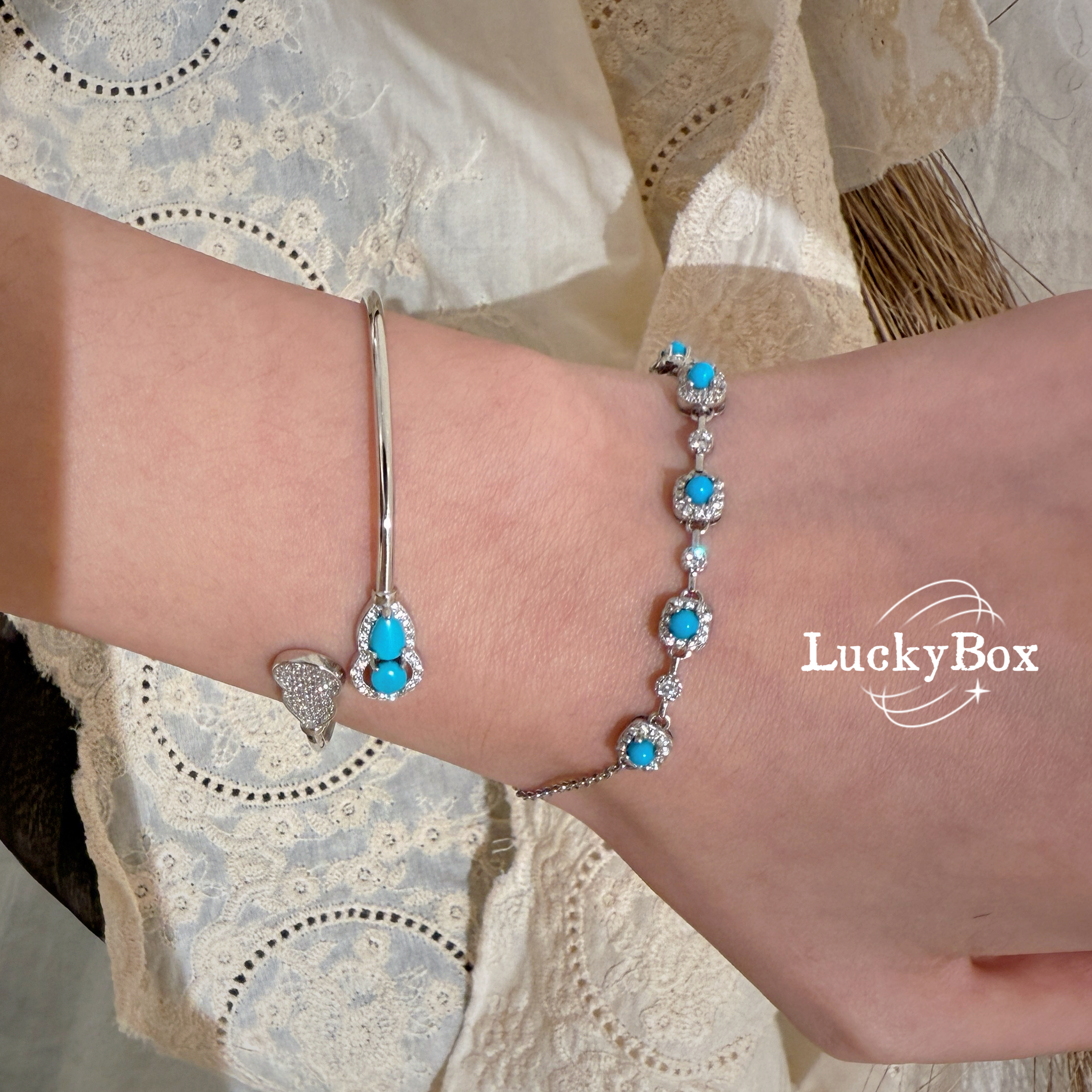 「若梦浮光」天然美松睡美人高瓷蓝绿松石925银手链显白气质手饰