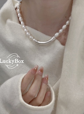 「French Chic」天然巴洛克珍珠足银做旧弯管法式复古项链毛衣链