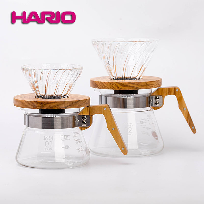 日本HARIO原装进口 耐热玻璃手冲咖啡分享壶 V60玻璃滤杯 橄榄木
