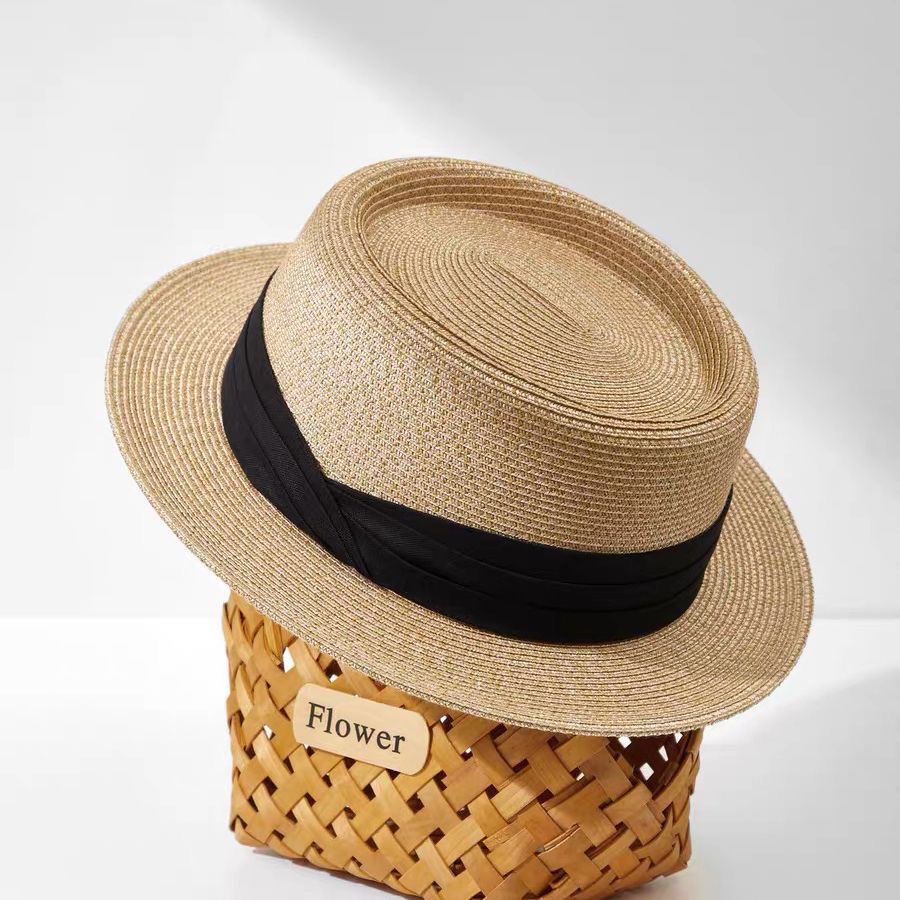 夏天草帽子女平沿礼帽英伦欧美时尚百搭防晒遮阳法式平顶高级草帽