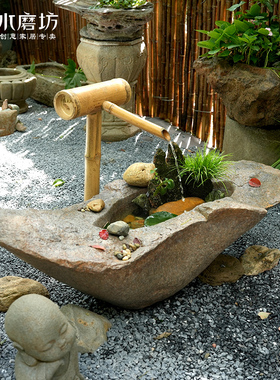 水磨坊中式创意仿石槽水钵鱼缸流水摆件循环水网红小院布置装饰品