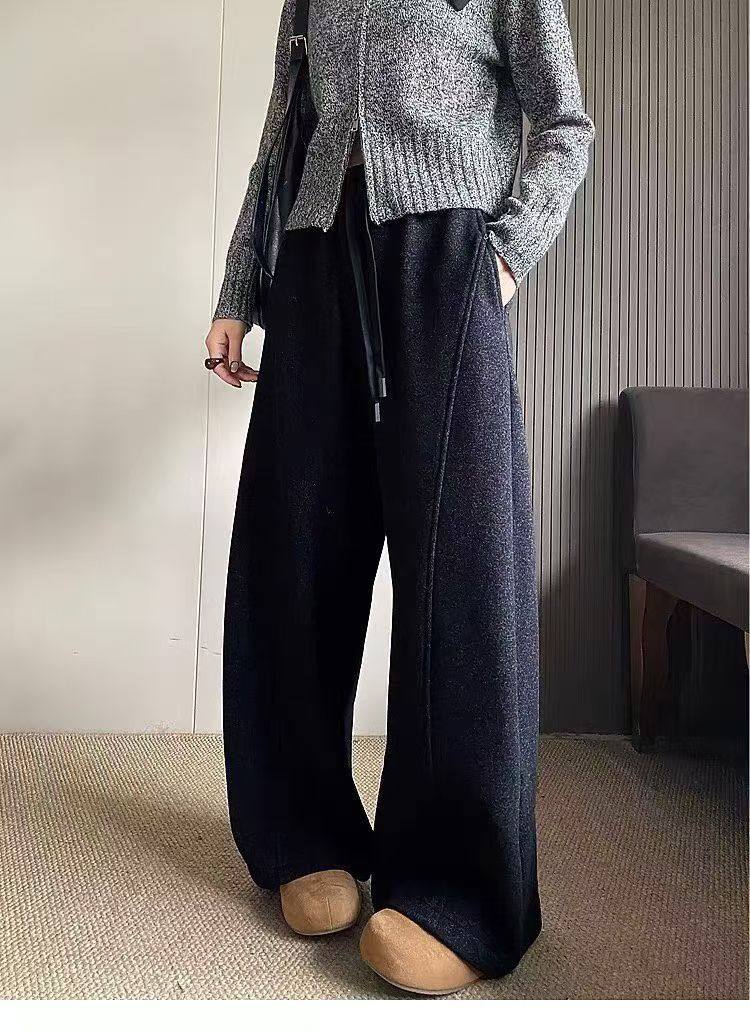 2025冬季新款灰色毛呢宽松加绒阔腿裤女百搭羊绒裤休闲弯刀裤子