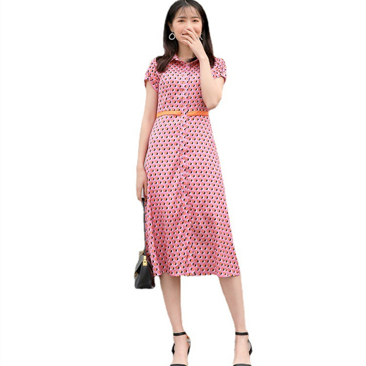 PG DVF连衣裙2023春新款粉色缎面印花短袖波点衬衫裙气质女人翻领