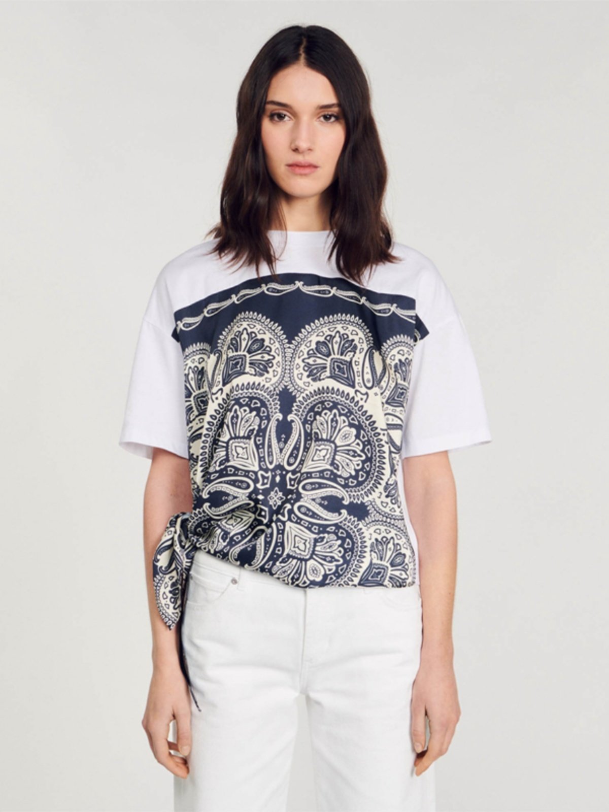 maSande法国S家24夏女民族风大花印花纯棉系结圆领短袖T恤TS01468