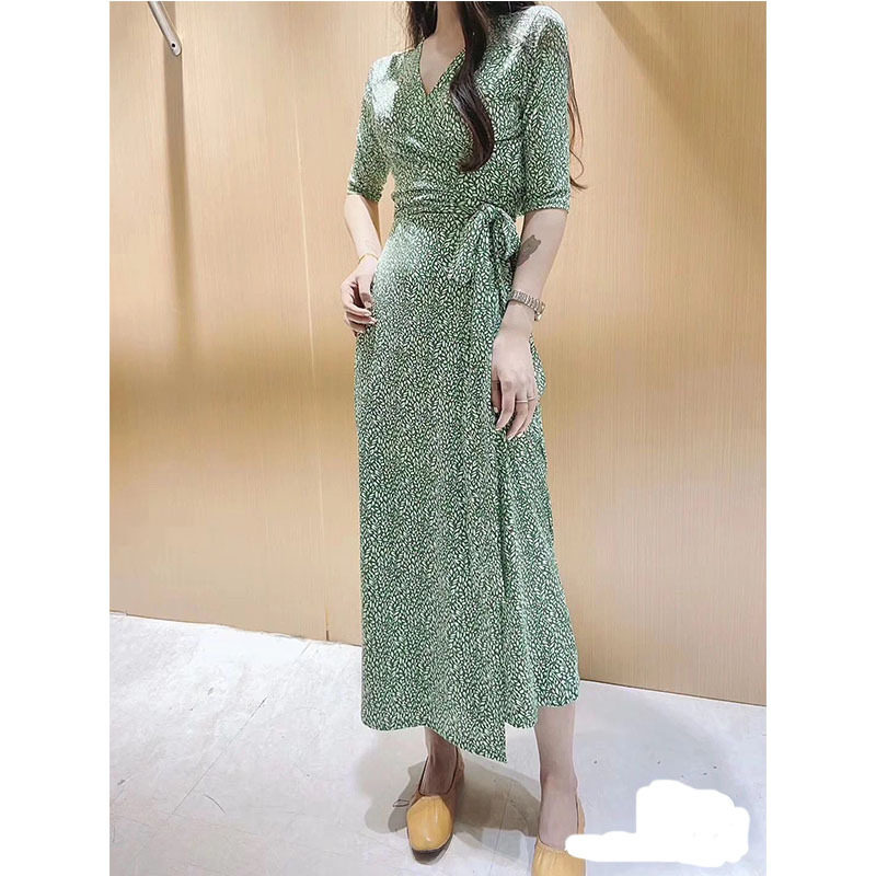 PG DVF2023早夏新款绿色小碎花裹胸长裙女一片式收腰绑带度假沙滩