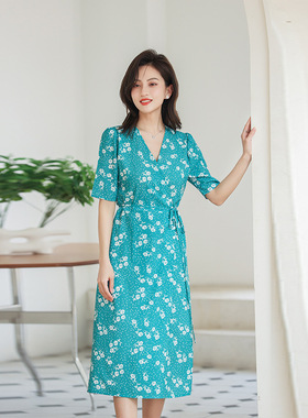 PG DVF绿色小香风法式高级感连衣裙2023夏季设计感小众碎花显白茶