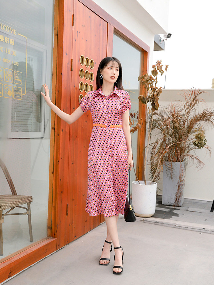 PG DVF2023春新款粉色缎面波点印花裙气质女人翻领短袖修身衬衫式