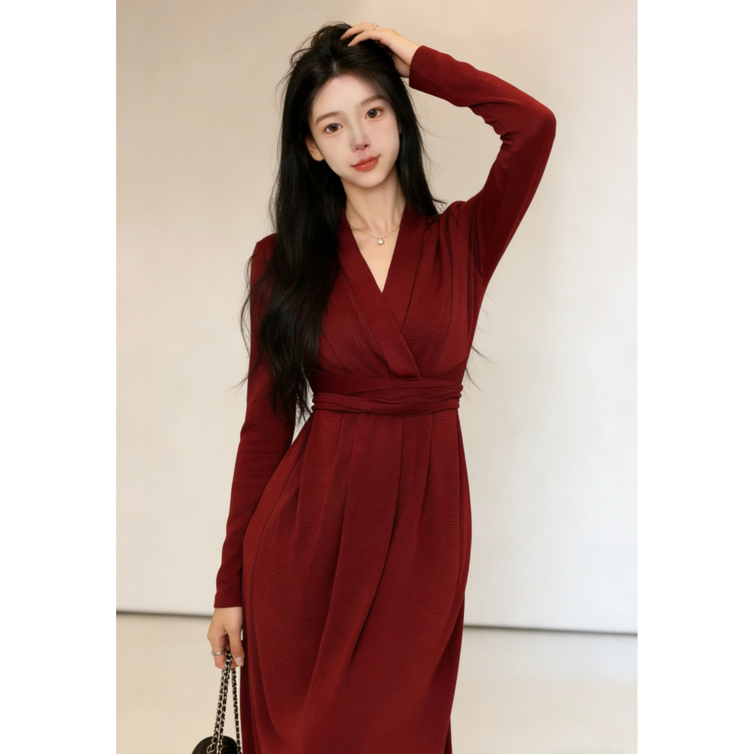 maSande 新年战袍 套头绑带酒红色连衣裙女长款过脚踝显瘦裹身裙