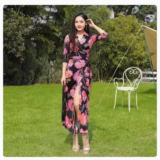 PG DVF2023冬季新款粉色木槿花翻领针织系带裹身裙气质优雅长款连