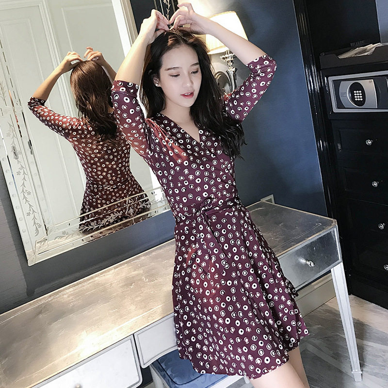 PG DVF2023夏季新款欧美裹身裙圆点印花修身显瘦V领真丝连衣裙女