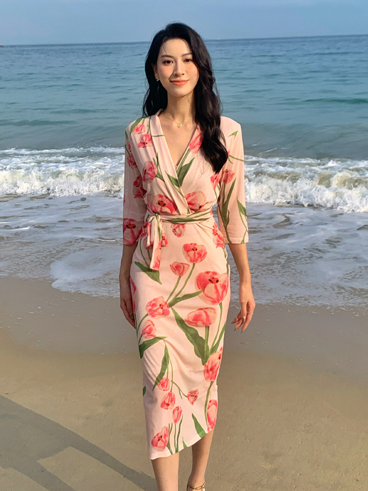 S24037郁金香印花网纱裙