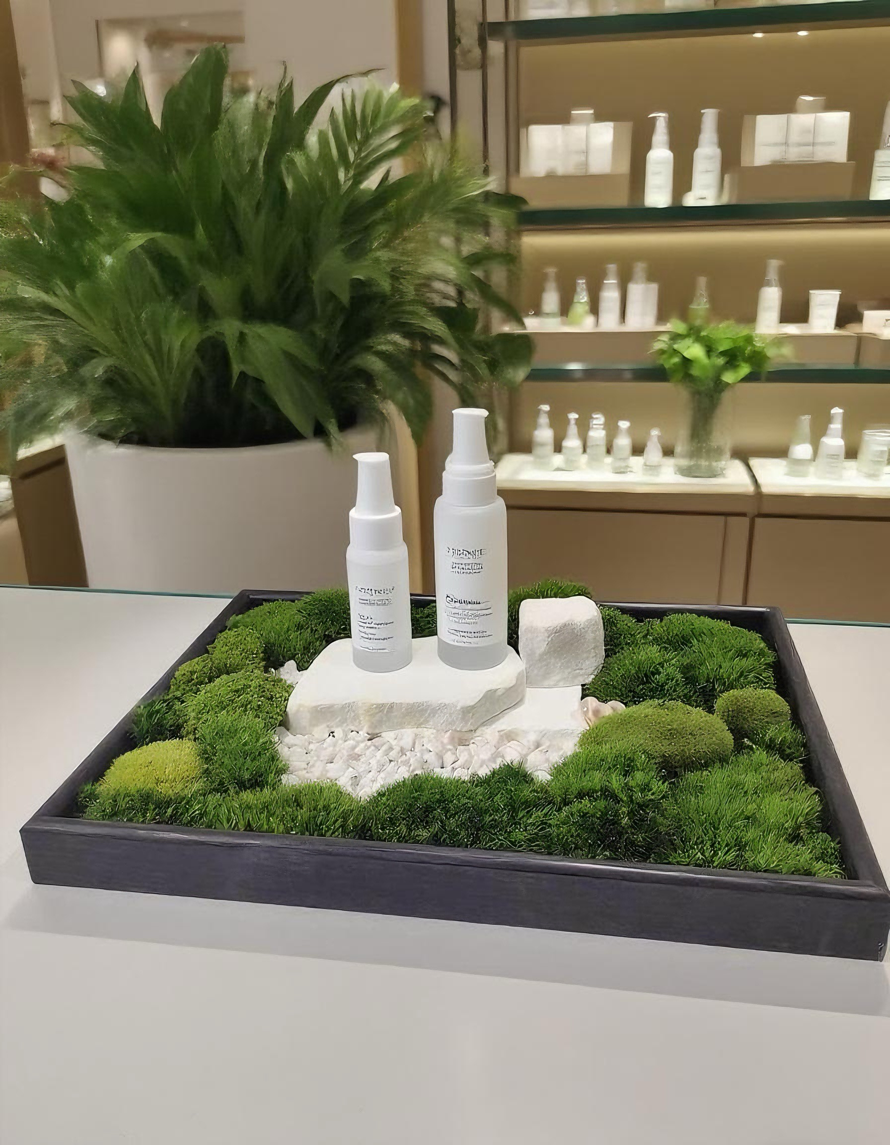 化妆品护肤品展示台天然绿色苔藓产品陈列置物架摆件台直播台托盘