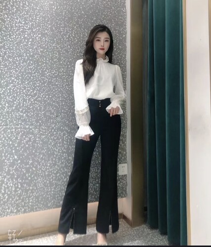 知恩GCCG正品百搭开叉休闲裤西装复古高腰显瘦微喇裤女长裤子1335