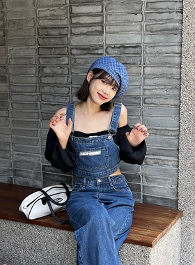 APEA新款女正品夏甜辣风复古机能高腰牛仔吊带老爹裤高街两件套装