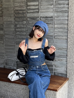 APEA新款女正品夏甜辣风复古机能高腰牛仔吊带老爹裤高街两件套装