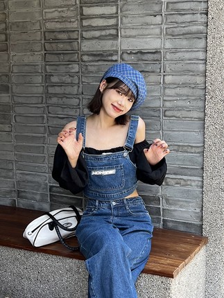 APEA新款女正品夏甜辣风复古机能高腰牛仔吊带老爹裤高街两件套装