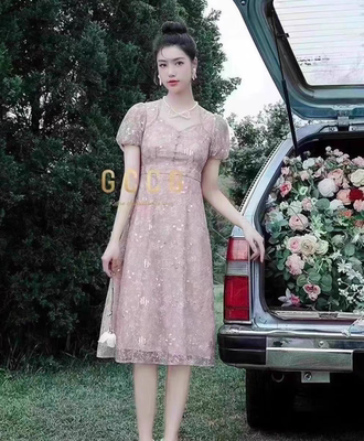 知恩GCCG正品柔雾粉长连衣裙刺绣亮片收腰显瘦初恋裙温柔仙女2587
