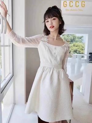 知恩GCCG正品春季新款宫廷风法式网纱拼接方领连衣裙公主裙21009
