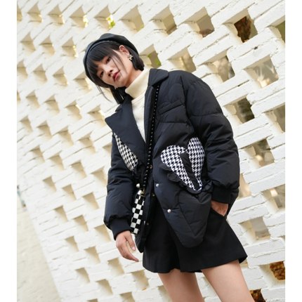 ITIB正品冬季设计师联名款翻领可爱千鸟格纹爱心拼接白鸭绒羽绒服