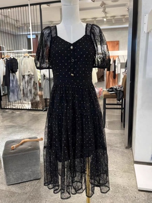 知恩GCCG正品法式V领网纱蕾丝连衣裙短袖气质优雅波点茶歇裙5376