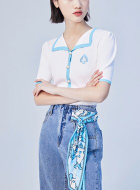 欧五加5+正品新款女迪士尼爱丽丝联名针织衫短袖翻领上衣刺绣拼色