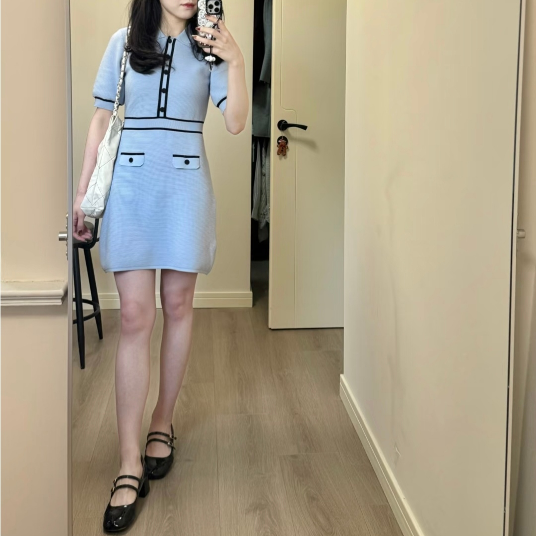 欧家正品polo针织连衣裙短袖简约通勤撞色针织小个子1WY108581F