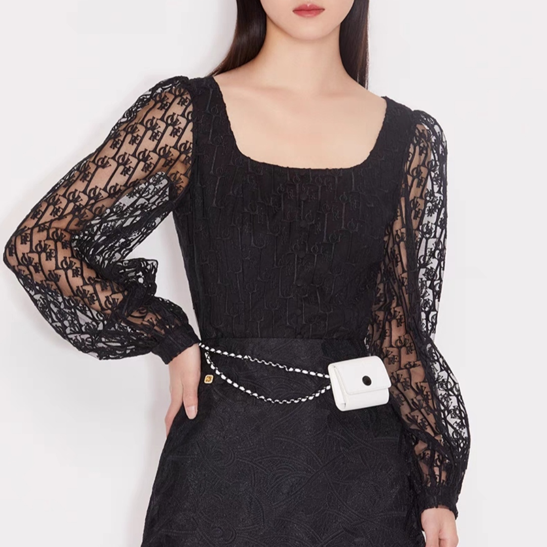 欧家正品时尚气质短款刺绣网布长袖U领方领短款上衣女1NP1013350