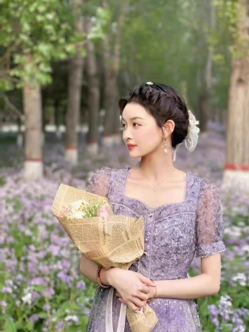 知恩GCCG正品碎花梦幻仙女亮片古典气质蕾丝裙收腰短袖连衣裙1373