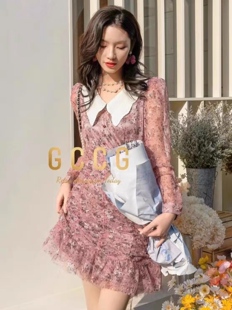 知恩GCCG正品春花雪纺连衣裙立体胸收腰V领精致优雅气质仙女1383