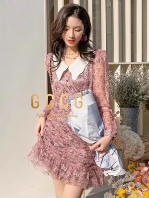 知恩GCCG正品春花雪纺连衣裙立体胸收腰V领精致优雅气质仙女1383