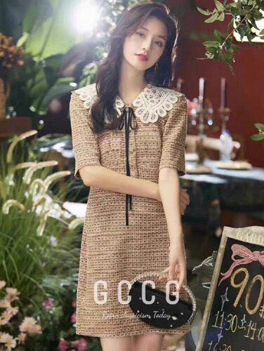 知恩GCCG正品法式千金风复古连衣裙女短袖收腰显瘦A字裙短裙1302