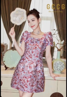 知恩GCCG正品新款泡泡袖短袖连衣裙国风复古宫廷风繁花A字裙2533