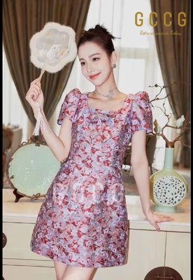 知恩GCCG正品新款泡泡袖短袖连衣裙国风复古宫廷风繁花A字裙2533