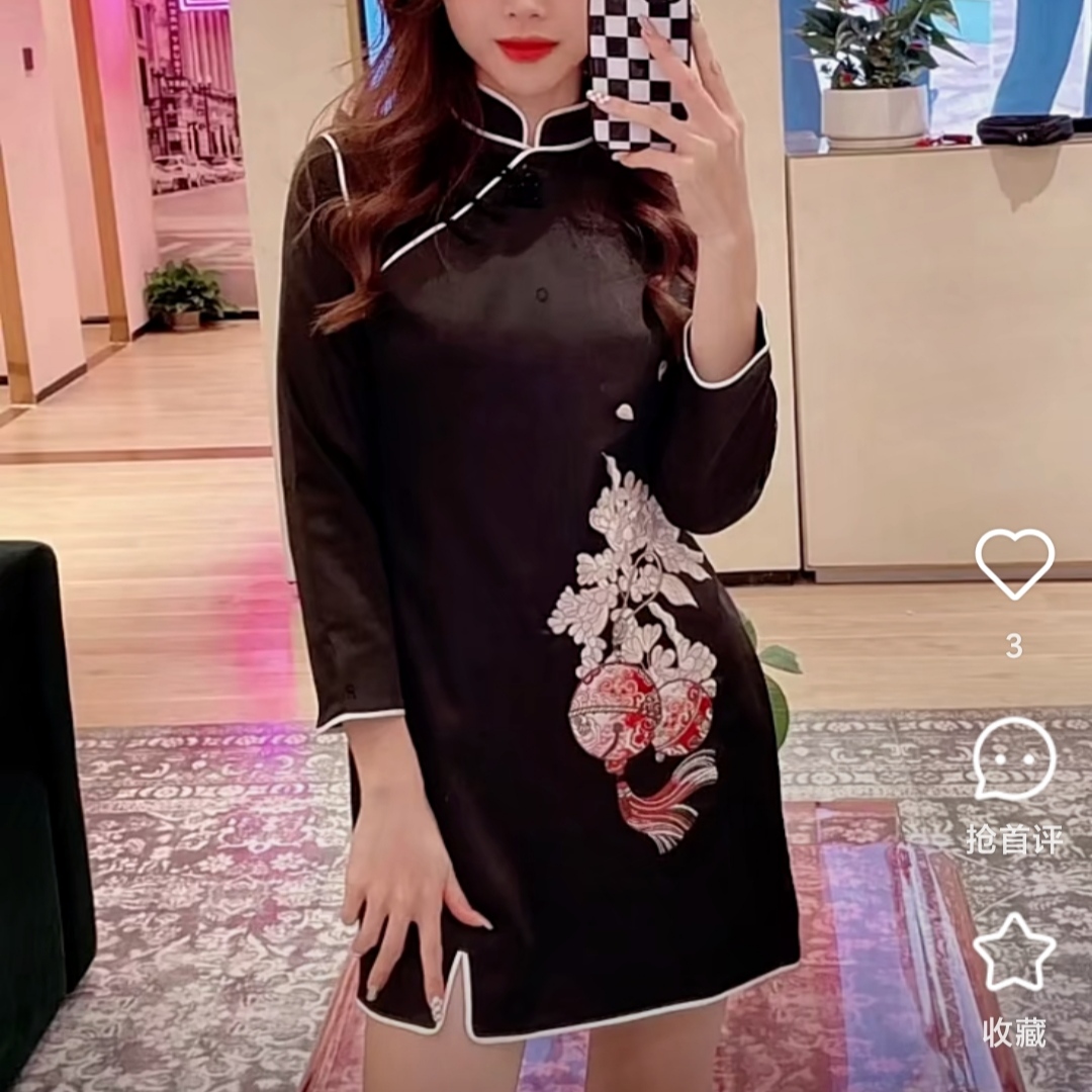 欧家正品国风新中式改良旗袍连衣裙刺绣盘扣明星同款复古镶边气质