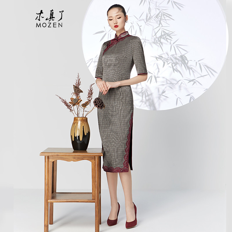 木真了中式改良中长款宴会礼服新品花边绣花修身五分袖旗袍裙306,女装/女士精品,旗袍,淘宝优惠券,粉丝福利购,淘宝优惠卷