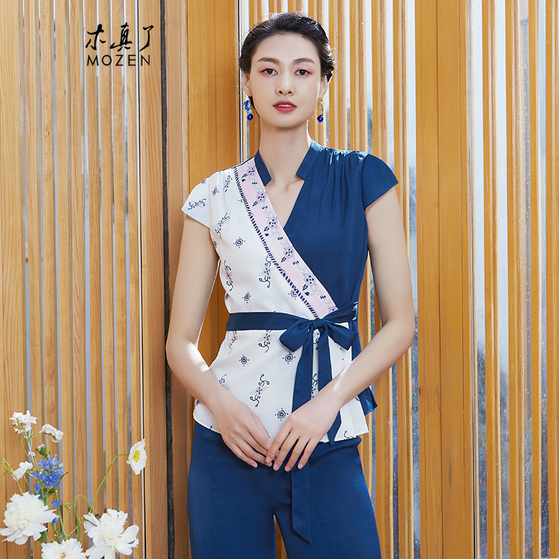 女装半袖夏季印花V领唐装上衣