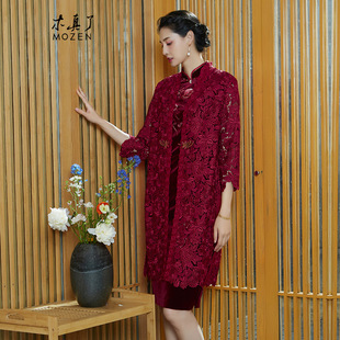 木真了水溶绣旗袍外套新品 蕾丝镂空外搭宽松妈妈中长风衣308 中式