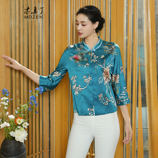木真了女上衣真丝印花国风新中式 514 桑蚕丝宽松型立领女士衬衫