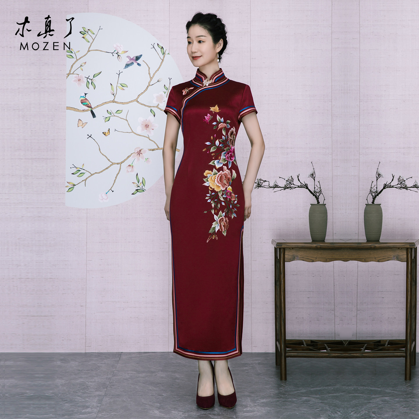 木真了中式包边刺绣礼服修身半袖立领女裙长款宴会旗袍裙628