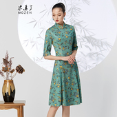 木真了改良连衣裙新品 复古弹力针织印花修身 A摆日常女裙916